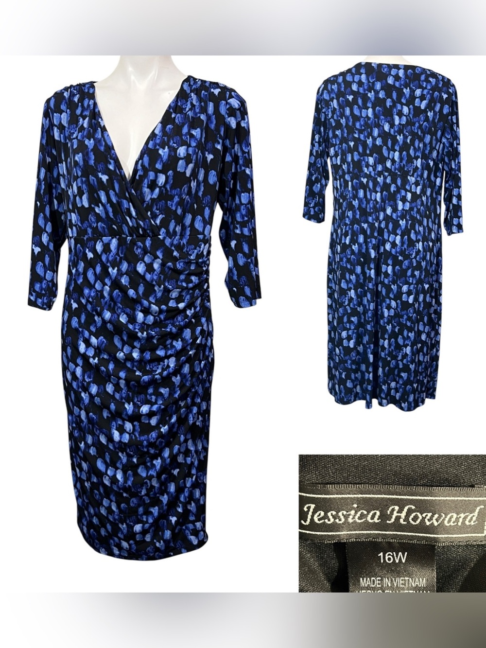 Jessica Howard dress 16w Blue/Black Printed Faux-Wrap knee length office church
